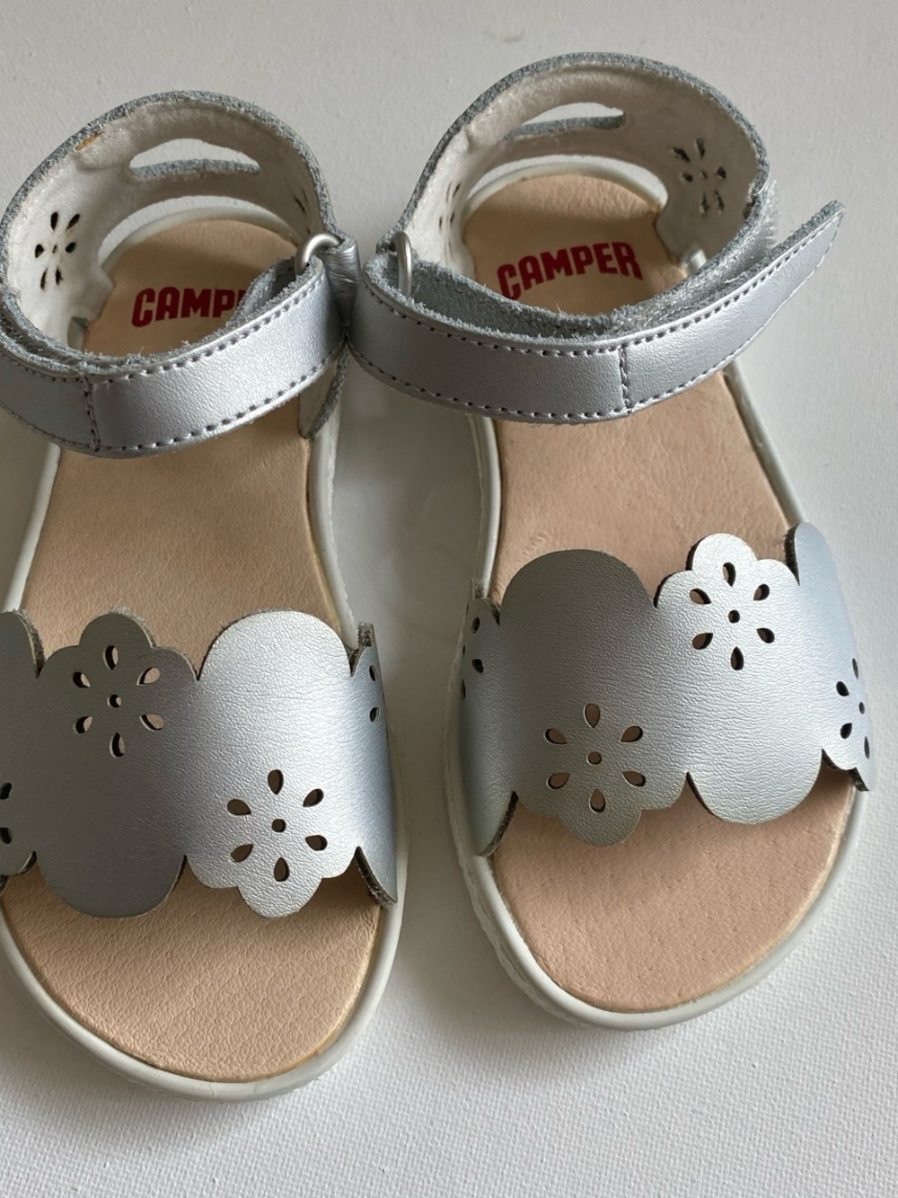 Camper Kids Silver Floral Cutout Leather Sandals